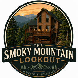 Smoky Mountain Lookout circular badge logo, with an illustrated sunset cabin scene and "Sevierville, Tennessee" beneath a mountain silhouette.