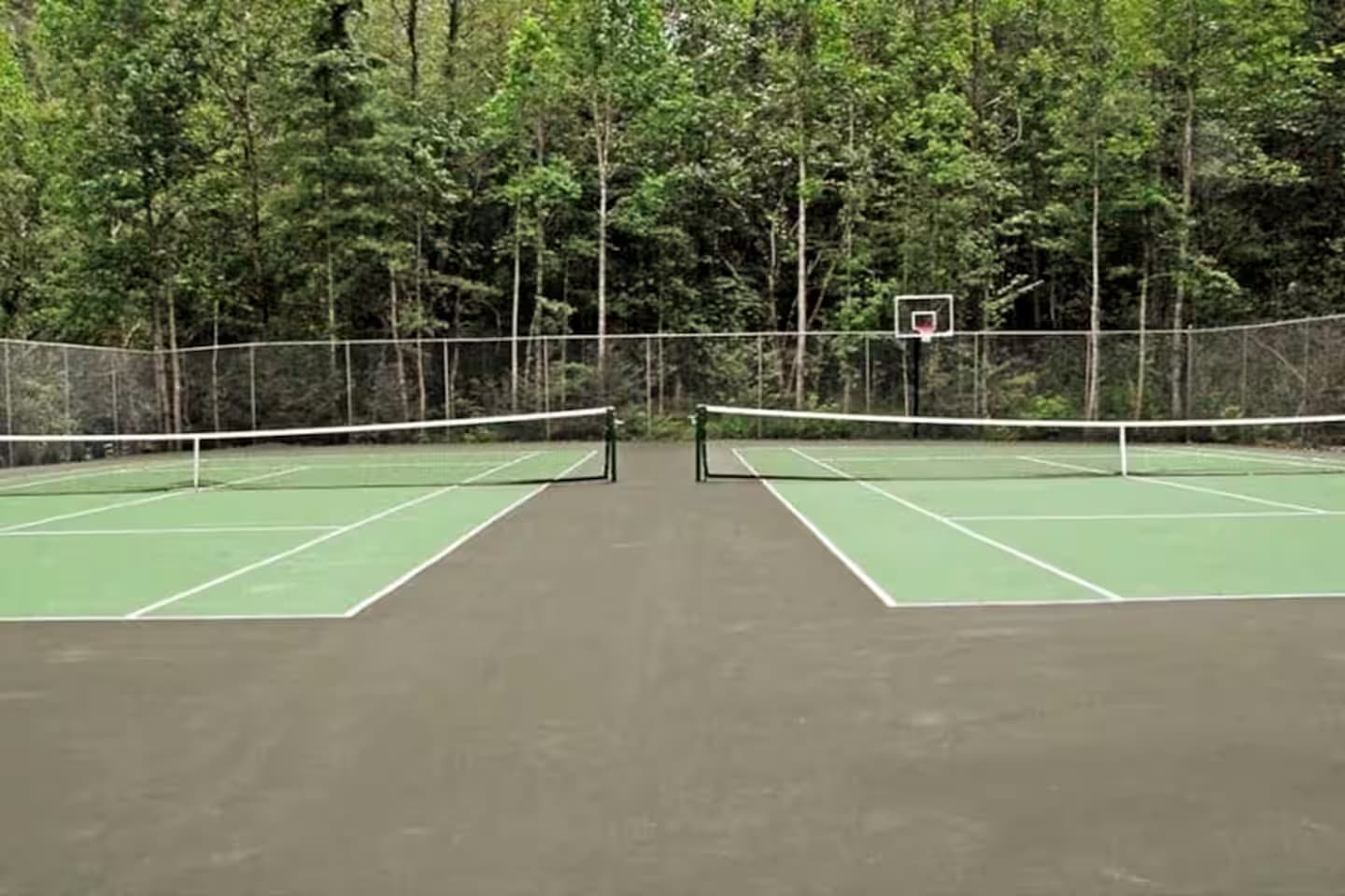 Empty fenced tennis courts with a basketball hoop, surrounded by forest.