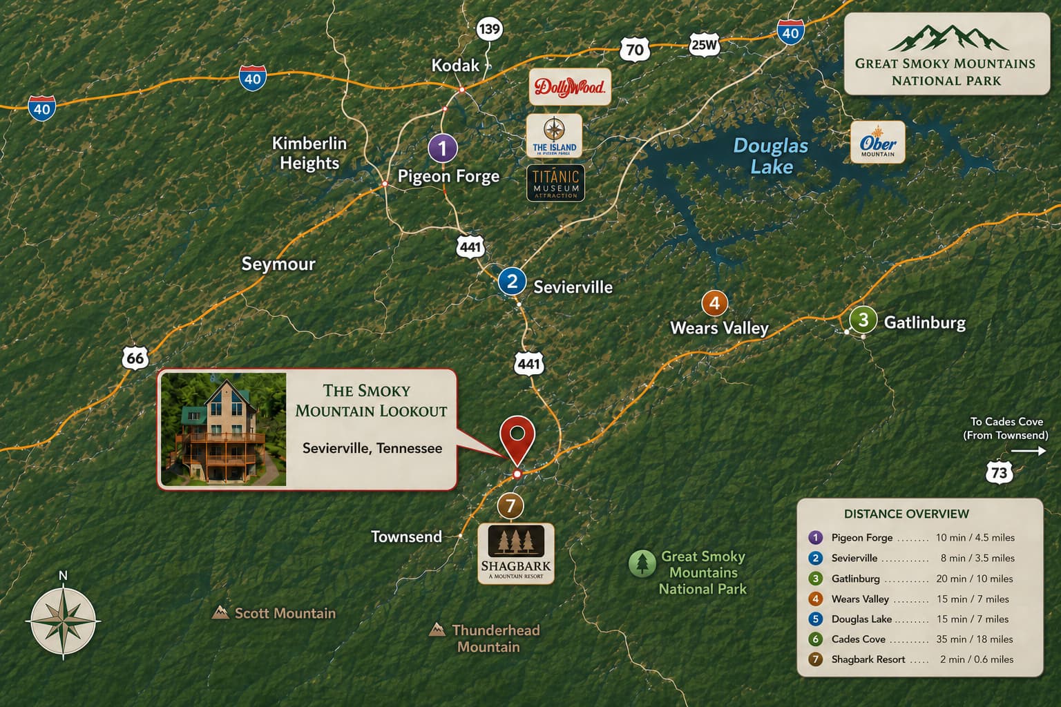 Illustrated regional map showing Smoky Mountain Lookout in relation to Sevierville, Pigeon Forge, Gatlinburg, Wears Valley, and Great Smoky Mountains National Park.
